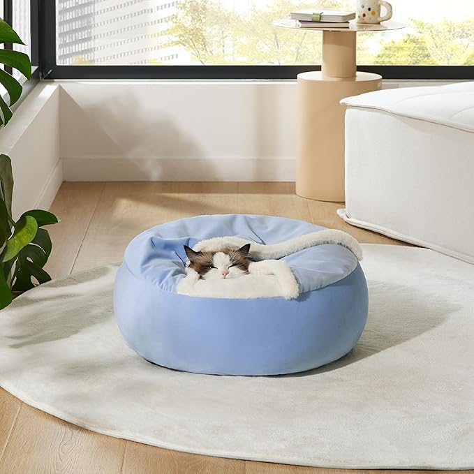 Lesure Cat Bed with Cover Cave - Covered Round Kitten Bed with Hooded Blanket, Machine Washable Burrow Pet Bed for Indoor Cats, Extra Small Cuddler Cozy Cave Puppy Bed with Anti-Slip Bottom, Blue 20"
