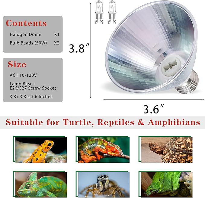 Reptile Heat Lamp Bulb Greenhouse Warming Bulb Reptile Light for Lizard, Turtle, Bearded Dragon, Hedgehogs, Snake Amphibians, Chicks, With 2 Bulb Beads (50 Watt). New Replaceable Bulbs Design