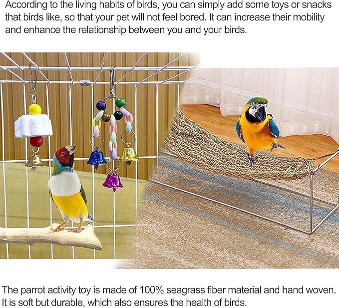 Bird Seagrass Mat,Natural Grass Woven Net Hammock Parakeet Chew Toys Trimming Cage Accessories Climbing Rope Ladder with Hooks Lovebird Cockatiel Conure Budgie,Size 28.3" X 6.7"