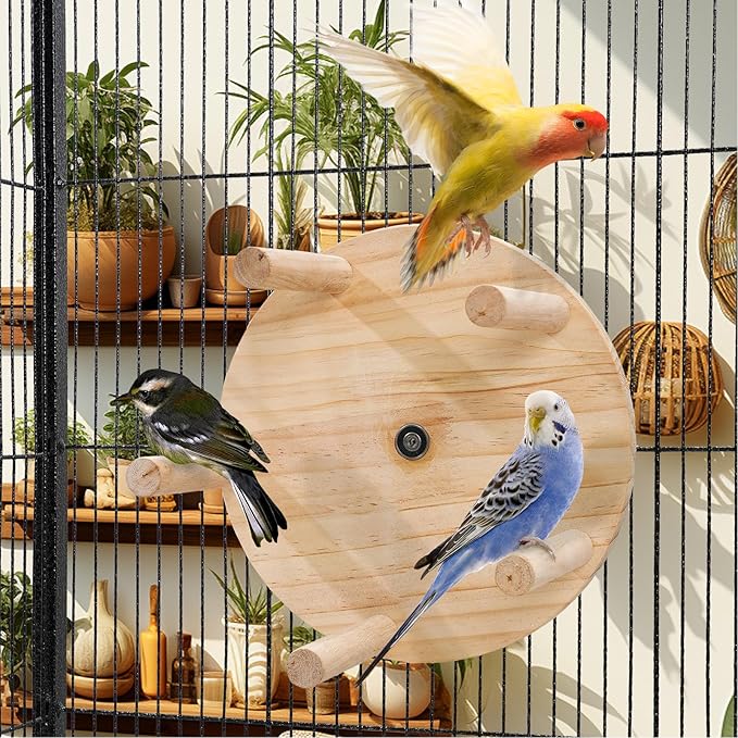 Bird Toy Rotating Perch Toy, Wooden Parrots Ferris Wheel Toy with Perches, Hanging Bird Stand Cage Accessories for Parakeet Parrot, Cockatiel, Budgerigar,Conure, Lovebirds