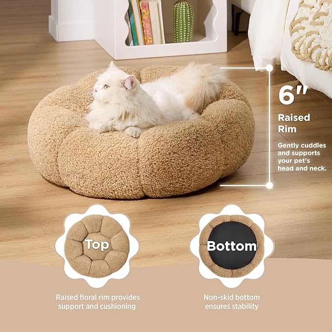 Lesure Calming Cat Beds for Indoor Cats - Cute Flower Pet Beds in Teddy Sherpa Plush, Donut Round Fluffy Puppy Bed, Non-Slip Extra Small Dog Bed Fits up to 15 lbs, Machine Washable, Camel 20"