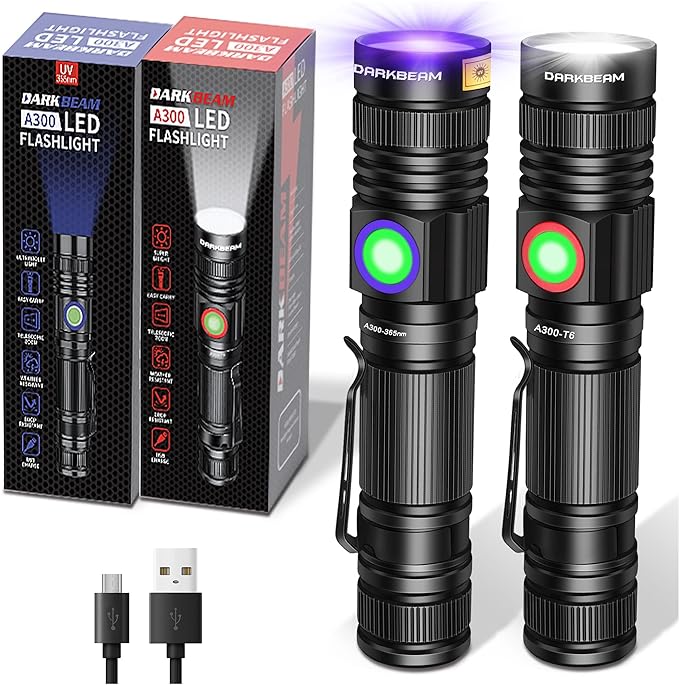 DARKBEAM UV 365nm Flashlight USB Rechargeable Wood's Lamp Black Light Ultraviolet, LED Super Bright Flashlights Mini, Water Resistant, for Pet Urine Detection, Emergency, 2 Pack