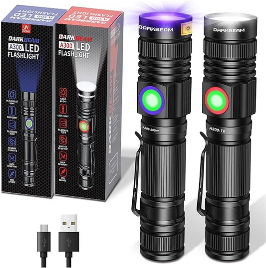 DARKBEAM UV 365nm Flashlight USB Rechargeable Wood's Lamp Black Light Ultraviolet, LED Super Bright Flashlights Mini, Water Resistant, for Pet Urine Detection, Emergency, 2 Pack