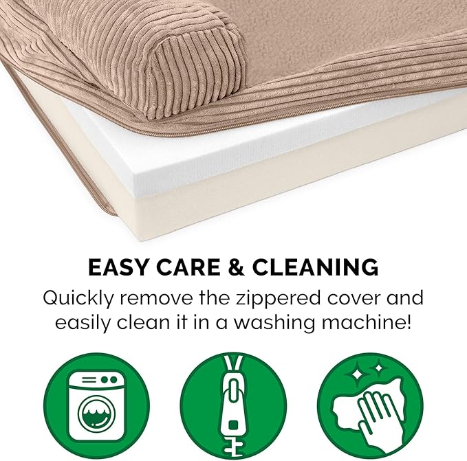 Furhaven Memory Foam Dog Bed for Large Dogs w/ Removable Bolster & Washable Cover, For Dogs UP to 125 lbs - Fleece & Corduroy Bolster Chaise - Sandstone, Jumbo Plus/XXL