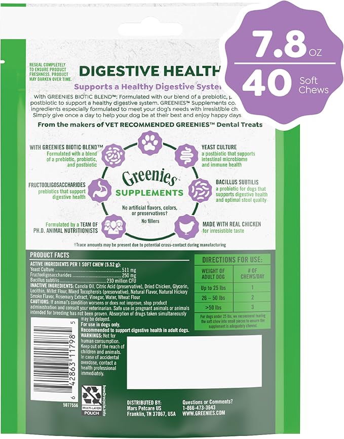 Greenies Supplements Digestive Health Probiotics for Dogs Chicken Flavor, 40 Count Soft Chews Dog Probiotics, 7.8 oz. Pouch