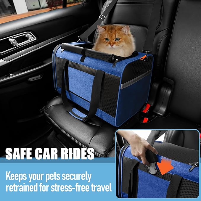 Soft-Sided Top Loading Adult Cat Carrier 20lbs, Yorkie Fabric Collapsible Comfy Cage for Teacup Dog, Easy Entry Maltese Pet Travel Purse, Kitty Carseat Animal Carrying Case Soft Kennel Blue