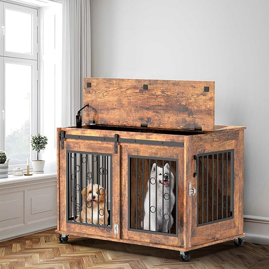 Furniture Style Dog Crate End Table with Sliding Barn Door, Indoor Dog Kennel Furniture with Removable Divider for 2 Small to Medium Pets, Brown, 39.37''W×25.2''D×28.94''H