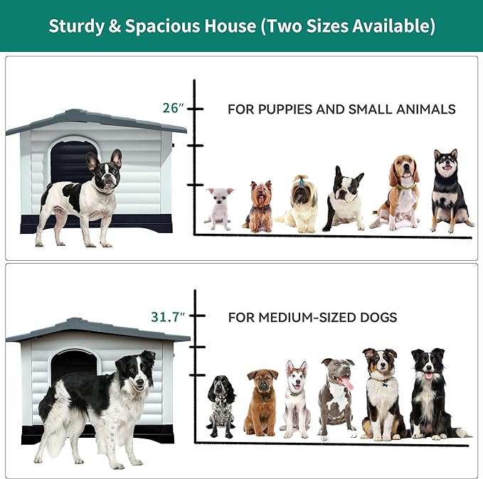 YITAHOME 36'' Large Double Door Dog House with Porch & Cushion, Outdoor Plastic Doghouse with Elevated Base, Easy to Install, Water-Resistant Pet House for Small Medium Dogs (36''L*27.1''W*26''H)