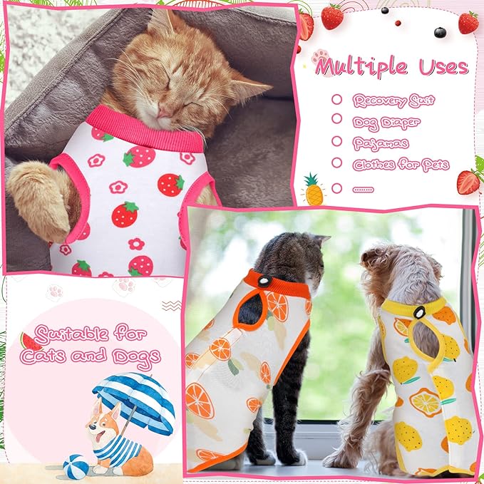 3 Pieces Cat Recovery Suit Kitten Recovery Suit E-Collar Alternative for Cats and Dogs Abdominal Skin Anti Licking Pajama Suit (Fruit Pattern, Small)