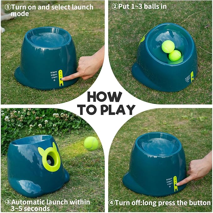 Automatic Ball Launcher, Adjustable Launch Distance, Including 6 Pack Small Sized Balls, Suitable for Small to Medium Sized Dogs (Blue)