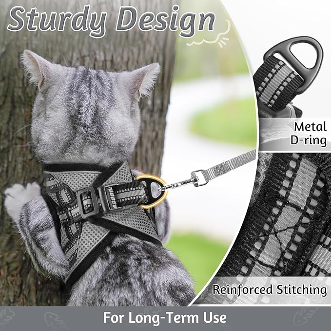 rabbitgoo Cat Harness and Leash Set for Walking Escape Proof, Adjustable Soft Kittens Vest with Reflective Strip for Cats, Comfortable Outdoor Vest, Grey, L