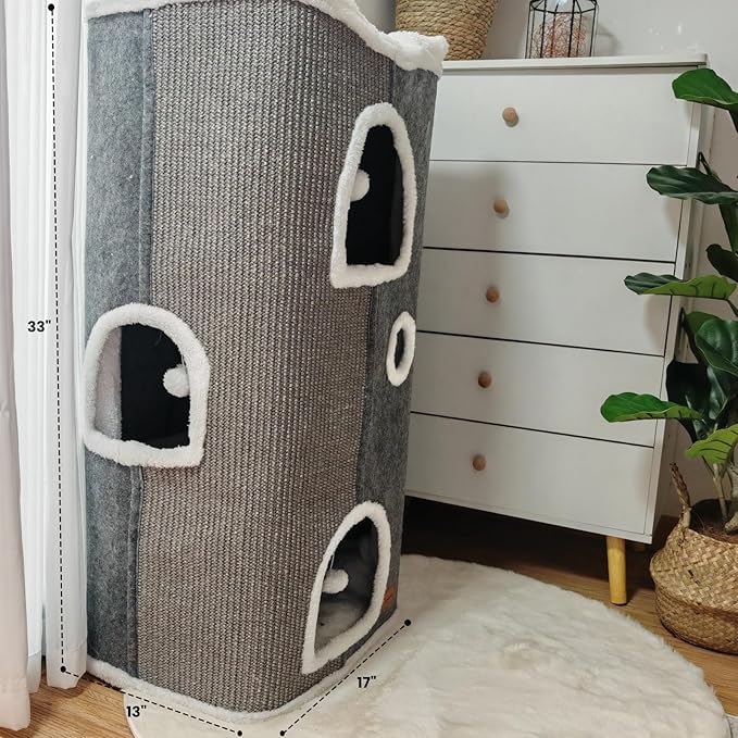 4-Level Cat House for Indoor Cats, Large Adult Cat Cave Bed Cats Cube House with Scratch Pad Cat Towers, Cute Kitten Condo Hideaway Hut with Soft Pillow Mat for Multi Pets Under 55 lbs