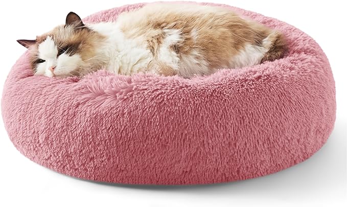 Bedsure Calming Cat Beds for Indoor Cats - Small Cat Bed Washable 20 inches, Anti-Slip Round Fluffy Plush Faux Fur Pet Bed, Fits up to 15 lbs Pets, Mauve Blush