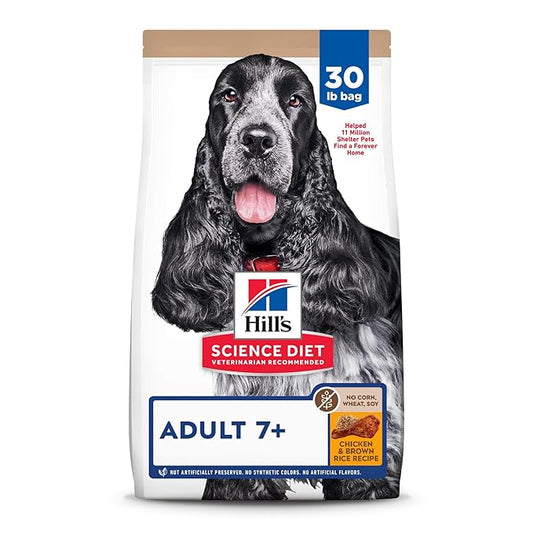 Hill's Science Diet Adult 7+, Senior Adult 7+ Premium Nutrition, Dry Dog Food, No Corn, Wheat, Soy Chicken & Brown Rice, 30 lb Bag