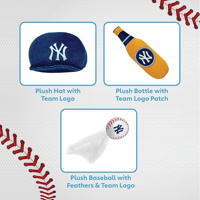 BEST PLUSH CAT TOY - MLB NEW YORK YANKEES Complete Set of 3 piece Cat Toys filled with Fresh Catnip. Incl: 1 Baseball Cap Cat Toy, 1 Baseball Cat Toy with Feathers & 1 Beer Bottle. Beautiful Team LOGO