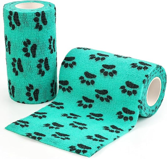 AUPCON Vet Wrap Cohesive Bandages Bulk Self Adhesive Bandage Wrap Self Adherent Wrap Non-Woven for Dogs Pet Animals & Ankle Sprains & Swelling 4 Inch x 5 Yards (2 Pack Lack Blue Paws)