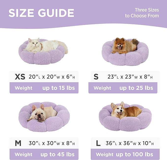 Lesure Calming Small Dog Bed - Flower Donut Round Fluffy Puppy Bed in Plush Teddy Sherpa, Non-Slip Cute Flower Cat Beds for Indoor Cats, Small Pet Bed Fits up to 25 lbs, Machine Washable, Purple 23"