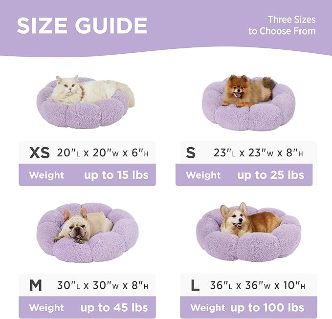 Lesure Calming Large Dog Bed - Flower Donut Round Fluffy Puppy Bed in Plush Teddy Sherpa, Non-Slip Cute Flower Dog Beds, Large Pet Bed Fits up to 100 lbs, Machine Washable, Purple 36"