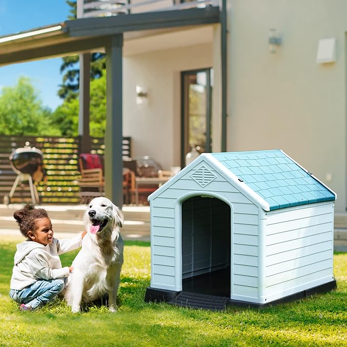 DWVO Large Outdoor Dog House, Plastic Doghouse with Air Vents and Ground Nails, Insulated Water Resistant Puppy Shelter for Small Medium Dogs (34.5''L x 31''W x 32''H, Blue)