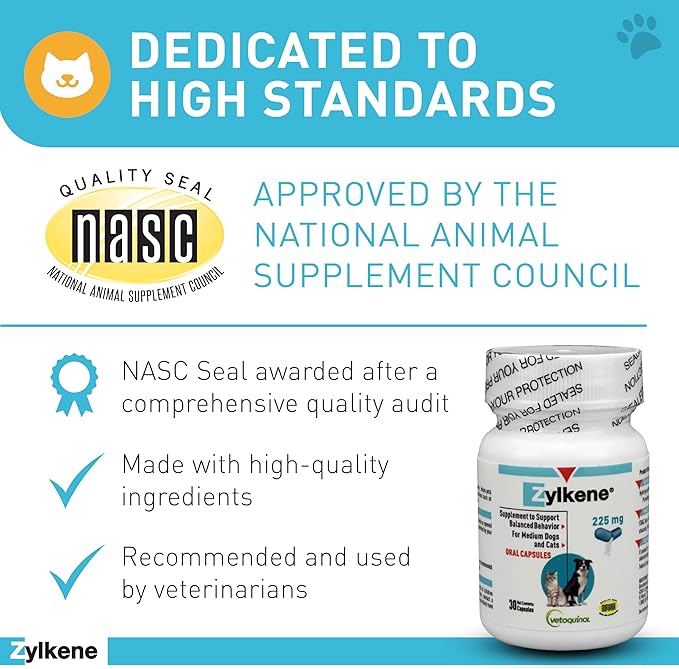 Vetoquinol Zylkene Calming Support Supplement for Medium Dogs 33-65lbs Helps Promote Relaxation and Reduce External Stress Factors, Daily Behavioral Support and Anxiety Relief for Dogs, 225mg