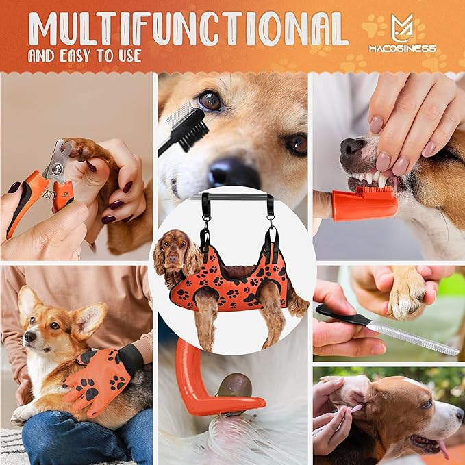 Pet Grooming Hammock for Nail Trimming - Complete Groomers Helper Set for Pet - Dog Grooming Hammock with Hook - Cat Nail Clipper - Dog Hammock for Nail Clipping (L, Orange with black paws)