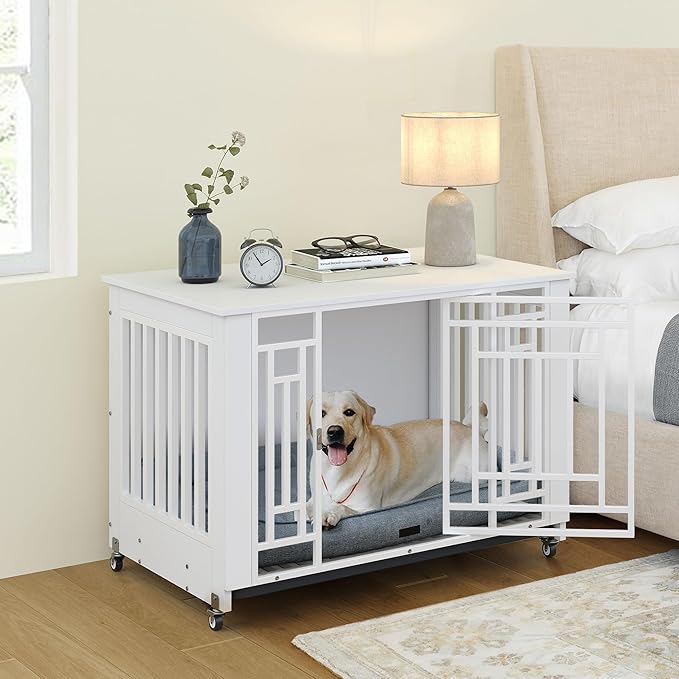 YITAHOME Dog Crate Furniture, 38.2" Heavy Duty Dog Cage, Wooden Side End Table with Wheels, Chew-Resistant Metal Dog Kennel with Removable Tray, Dog House Indoor for Small Medium Dogs, White