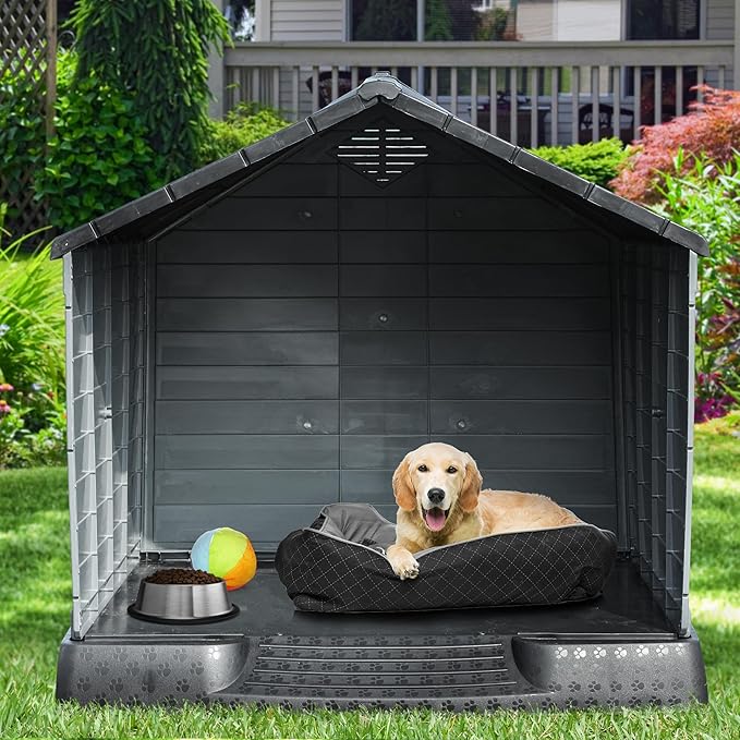 YITAHOME 41'' Large Plastic Dog House Outdoor Indoor Doghouse Puppy Shelter Water Resistant Easy Assembly Sturdy Dog Kennel with Air Vents and Elevated Floor (41''L*38''W*39''H, Black+Gray)