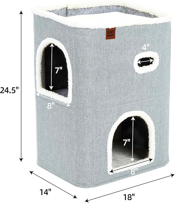 CATBOAT 2-Storey Cat House for Indoor Cats Bed, Covered Cat Beds & Furniture with Scratch Pad and Hideaway Cave, Cute Modern Cat Condo for Multi Small Pet Large Kitten Kitty, Light Grey