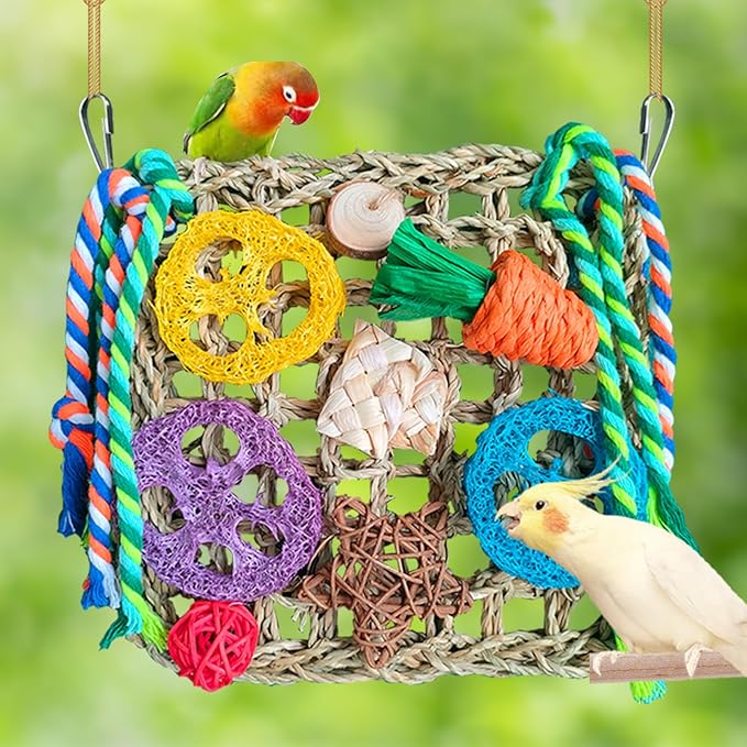 Parrot Toys, Bird Foraging Toys for Parakeets, Woven Climbing Hammock with Colorful Chewing Toys Seagrass Mat for Lovebirds, Parakeets, Budgerigars, Conure, Cockatiel