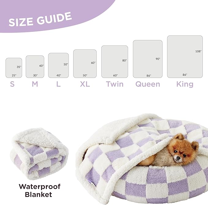 Lesure Waterproof Dog Blanket for Large Dogs - Washable Double Sided Dog Blankets with Warm Jacquard Shag and Soft Sherpa Fleece, Pet Cat blanket for Queen Bed Protection, 3D Textured Checks, Purple