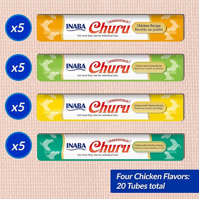 INABA Churu Cat Treats, Lickable, Squeezable Creamy Purée Cat Treat with Green Tea Extract & Taurine, 0.5 Ounces Each Tube, 20 Tubes, Chicken Variety Box