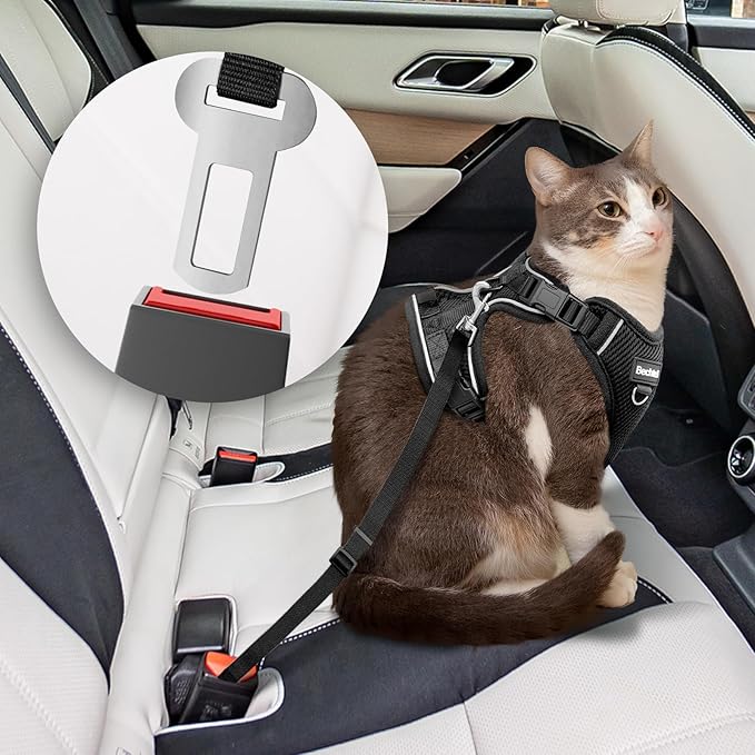 Cat Car Harness and Leash for Walking, The Upgrade Can be Adjusted in Four Directions and Breathable Cat Harness for Anti Escape that can be Fitted and Positioned, Reflective Strips Harness, Black, XS