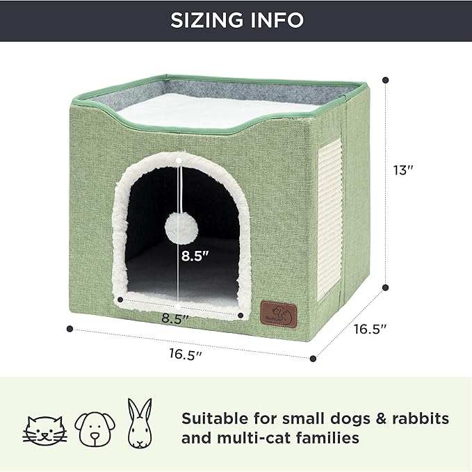 Bedsure Cat Beds for Indoor Cats - Large Cat Cave for Pet Cat House with Fluffy Ball Hanging and Scratch Pad, Foldable Cat Hideaway,16.5x16.5x13 inches, Green