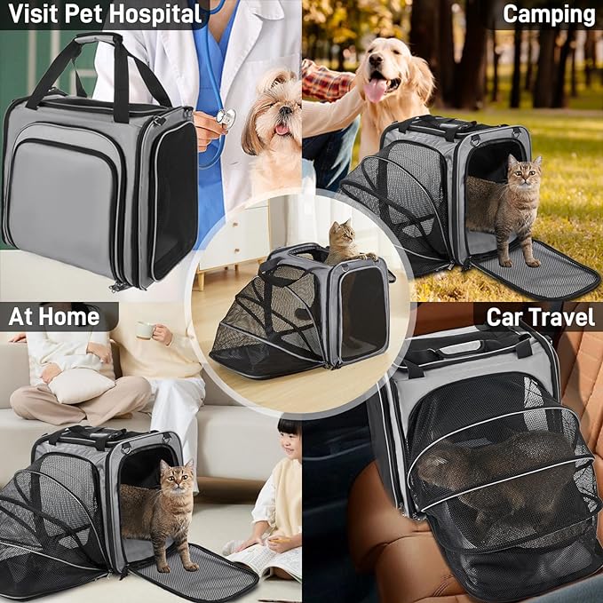 Cat Travel Carrier with Litter Box for Car, Expandable Cat Carrier with Leak-Proof Litter Box for Car Travel, up to 20 lb to Road Trip, Camping, or Hotel, Grey