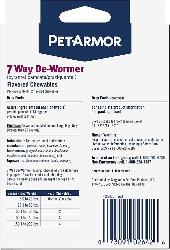 PetArmor 7 Way De-Wormer for Dogs, Oral Treatment for Tapeworm, Roundworm & Hookworm in Large Dogs & Puppies (Over 25 lbs), Worm Remover (Praziquantel & Pyrantel Pamoate), 2 Flavored Chewables