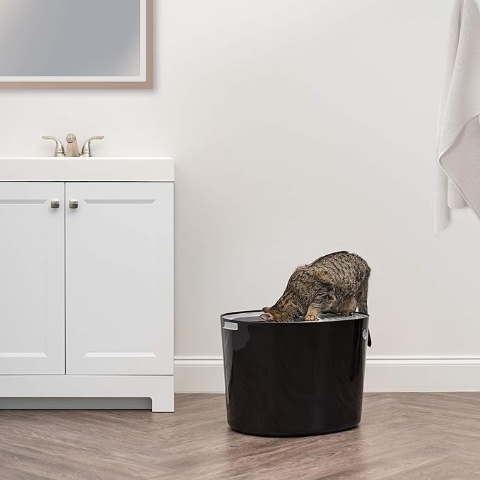 IRIS USA Large Top Entry Cat Litter Box with Scoop, Stylish Round Cat Litter Box Enclosure, Kitty Litter Box, Black/Gray