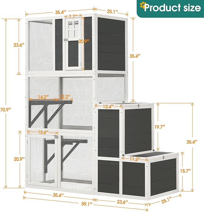 71 Inch Large Wooden Catio Outdoor & Indoor Cat Enclosure, 3-Tier Luxury Pet-House with Resting Box & Jumping Platforms, Kitty Condo Shelter for Play and Resting