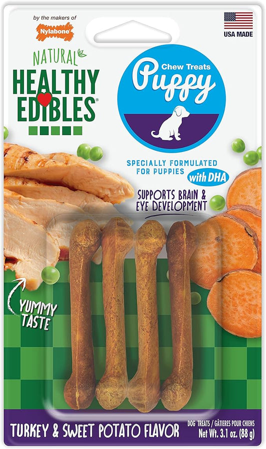 Nylabone Healthy Edibles Natural Puppy Chews Long Lasting Turkey & Sweet Potato Flavor Treats for Dogs, X-Small/Petite (4 Count)