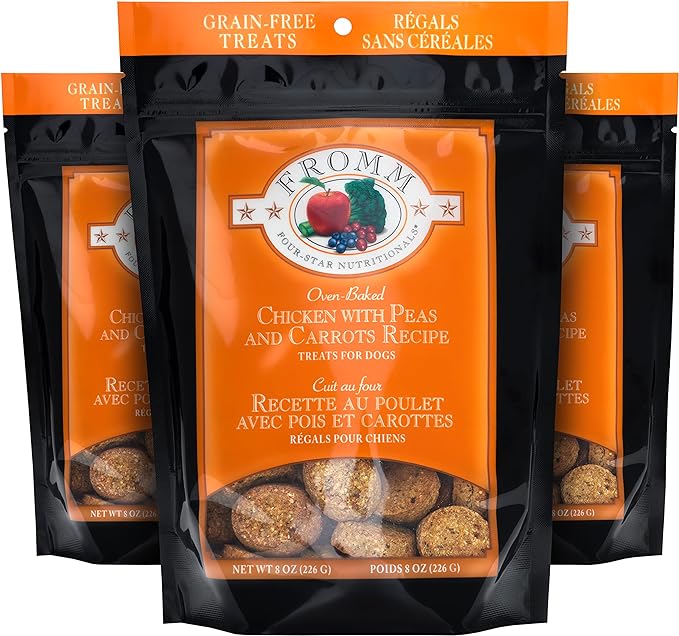 Fromm Four-Star Nutritionals Chicken with Peas & Carrots Dog Treats - Premium Oven Baked Dog Snacks - Chicken Recipe - Pack of (3) 8 oz Bags