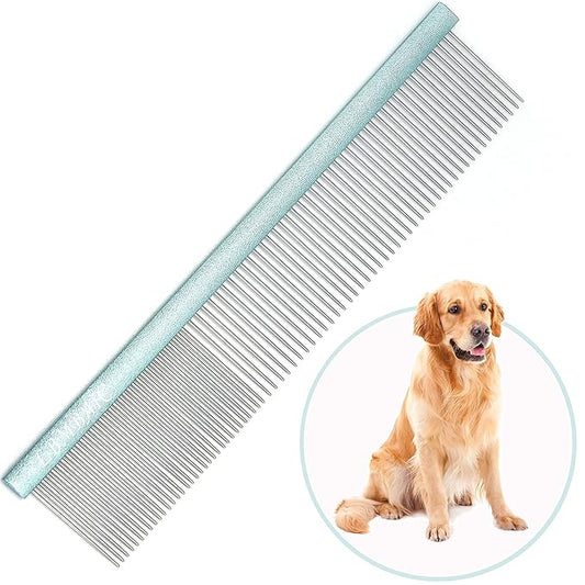 10inches Large Dog Grooming Comb for Shedding Matted Hair for Large Dogs Metal Dog Comb with Long Wide Tooth Comb for Poodles and Goldendoodles Reduce Tangles,Mats and Knots.(Blue)