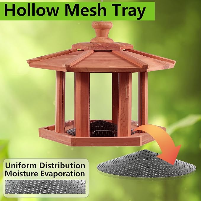 Wild Bird Feeders for Outdoor Hanging，Hexagon Shaped Bird Feede，USA Cedar， Hollow Mesh Tray,Easy to Clean & Refill