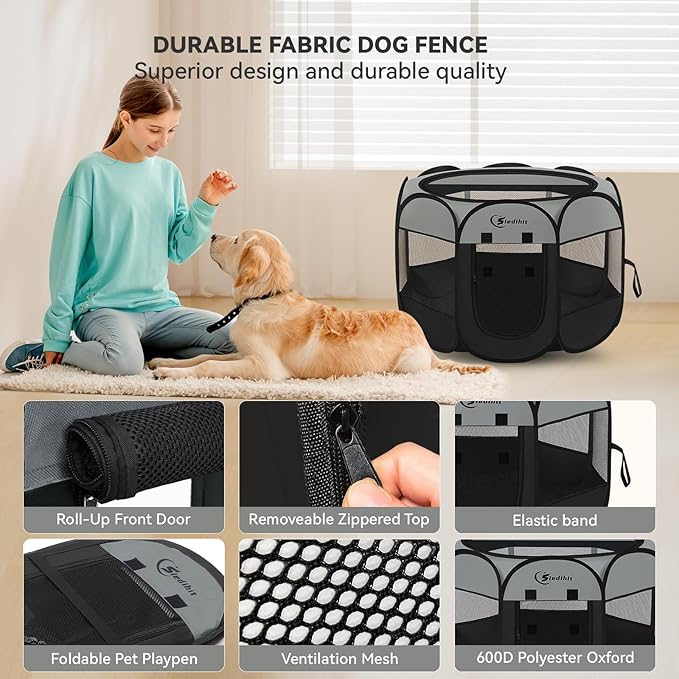 Dark Grey Puppy Playpen for Large Dog Cat, Dogs Tent Crates Cage Indoor/Outdoor, Portable Pop Up Dog Kennel with Carrying Bag for Rabbits, Removable Top (Dark Grey, Large (45" x 45" x 23"))