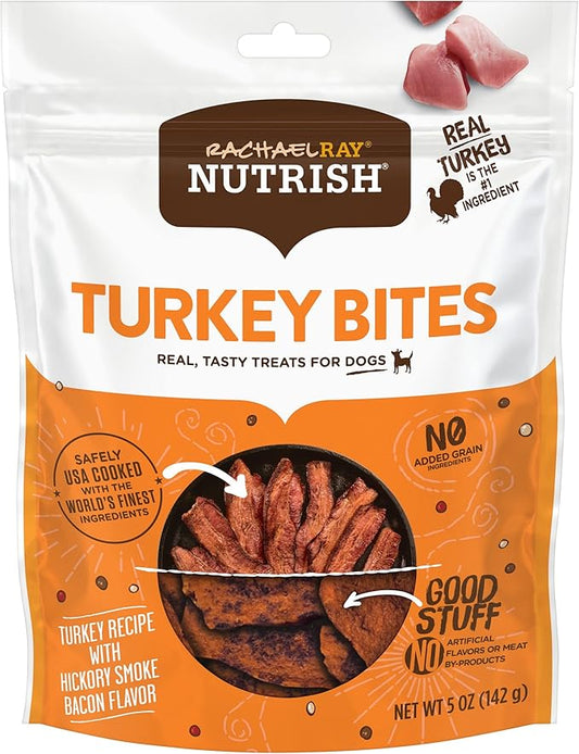 Rachael Ray Nutrish Turkey Bites Real Meat Grain Free Dog Treats, Turkey Recipe with Hickory Smoked Bacon Flavor, 5 Ounce (Pack of 5) Packaging May Vary