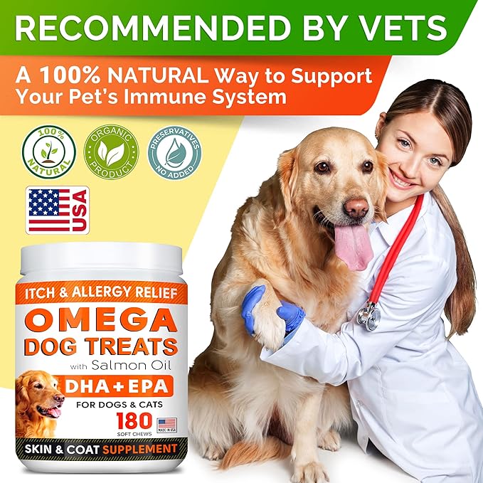 StrellaLab Fish Oil Omega 3 Treats for Dogs (180 Treats) - Allergy & Itch Relief - Skin & Coat Supplement - Joint Health - Wild Alaskan Salmon Oil - Shedding, Itchy Skin Relief - Omega 3 6 9 - EPA&DHA