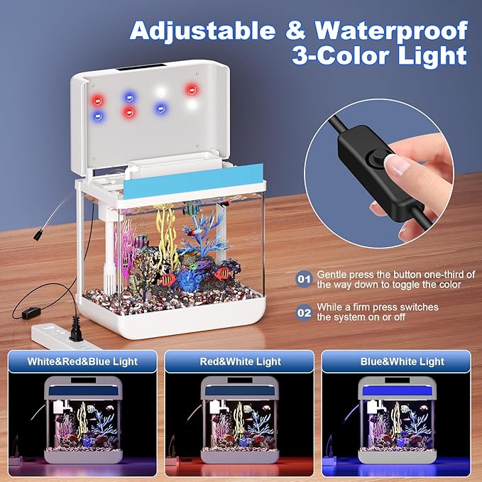 Fish Tank Aquarium 2.2 Gallon with Adjustable 3 Color Light Bead Self Cleaning 3 in 1 Pump with Filteration, Oxygenation, Water Circulation Triple Function, HD Heat Bending Glass, Leak-Proof Base