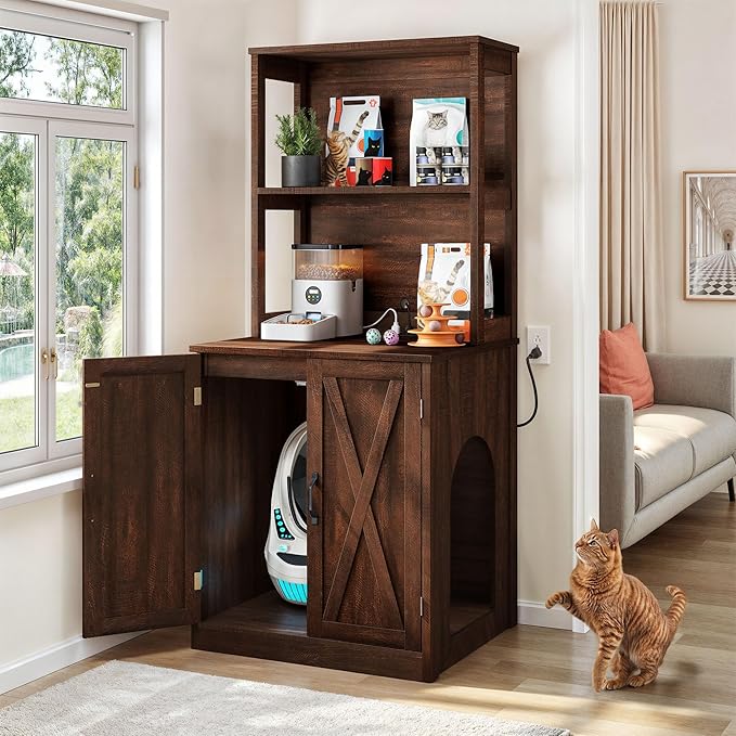 DWVO Large Hidden Litter Box Furniture with Shelves and Charging Station, Wooden Cat Litter Box Enclosure for Self-Cleaning Litter Boxes, Brown Oak