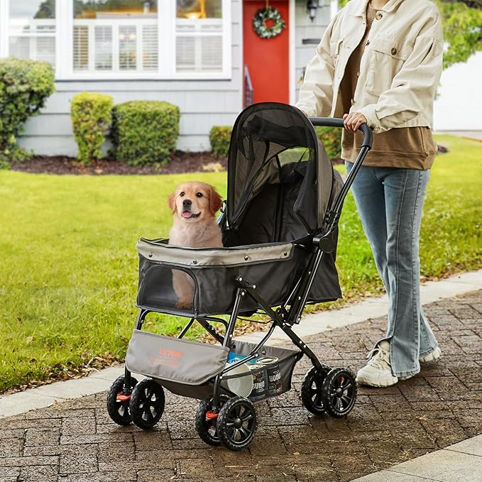 VEVOR Dog Cat Stroller for Medium Small Dogs Cats Up to 44lbs, 4 Wheel Foldable Pet Stroller with Reversible Handle, Portable Lightweigh Puppy Doggy Doggie Jogging Stroller with Storage Basket