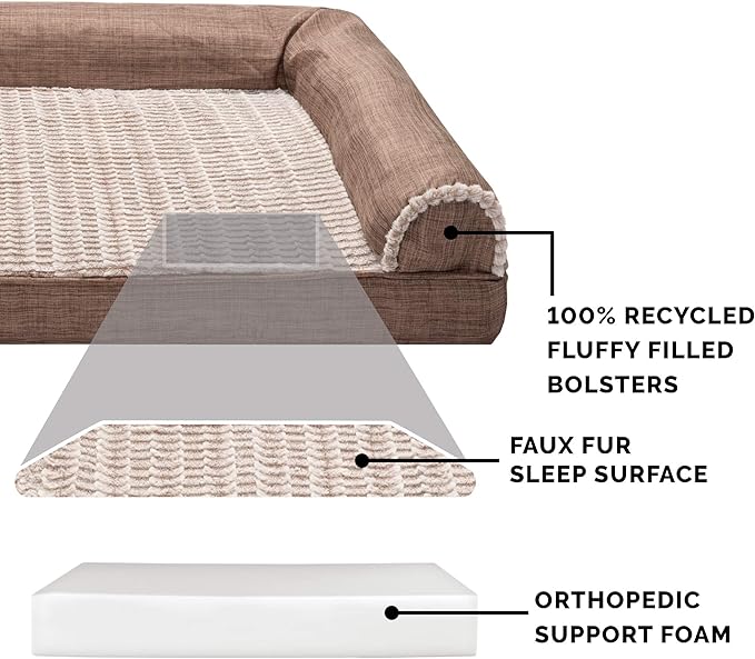 Furhaven Orthopedic Dog Bed for Large Dogs w/ Removable Bolsters & Washable Cover, For Dogs Up to 125 lbs - Luxe Faux Fur & Performance Linen Sofa - Woodsmoke, Jumbo Plus/XXL