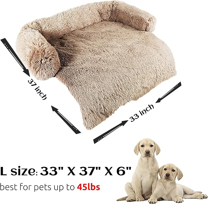 HACHIKITTY Calming Dog Sofa Bed Mat, Washable Plush Couch Cover for Dog, Furniture Protector Pet Sofa Mat for Dogs and Cats, Fluffy Dog Couch Bed with Anti-slip Bottom (37"x 33"x 6", Camel)