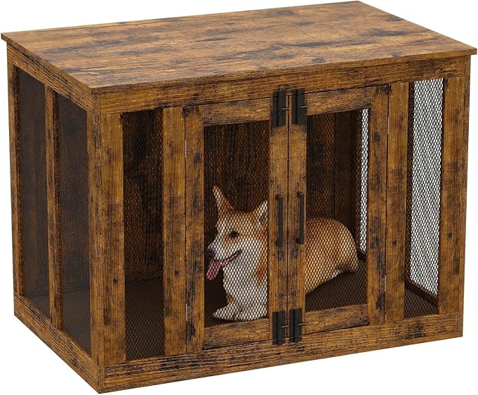 Irontar Dog Crate Furniture with Cushion, Double-Door Dog Crate for Small to Large Dogs, Wooden Dog Kennel Table, End Table Dog House Furniture, Dog Cage Indoor, Rustic Brown MGW001X-1